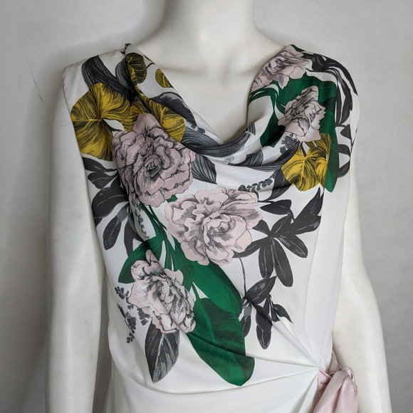 White Floral Waterfall Neck Spring Summer Dress - Picture 4 of 8